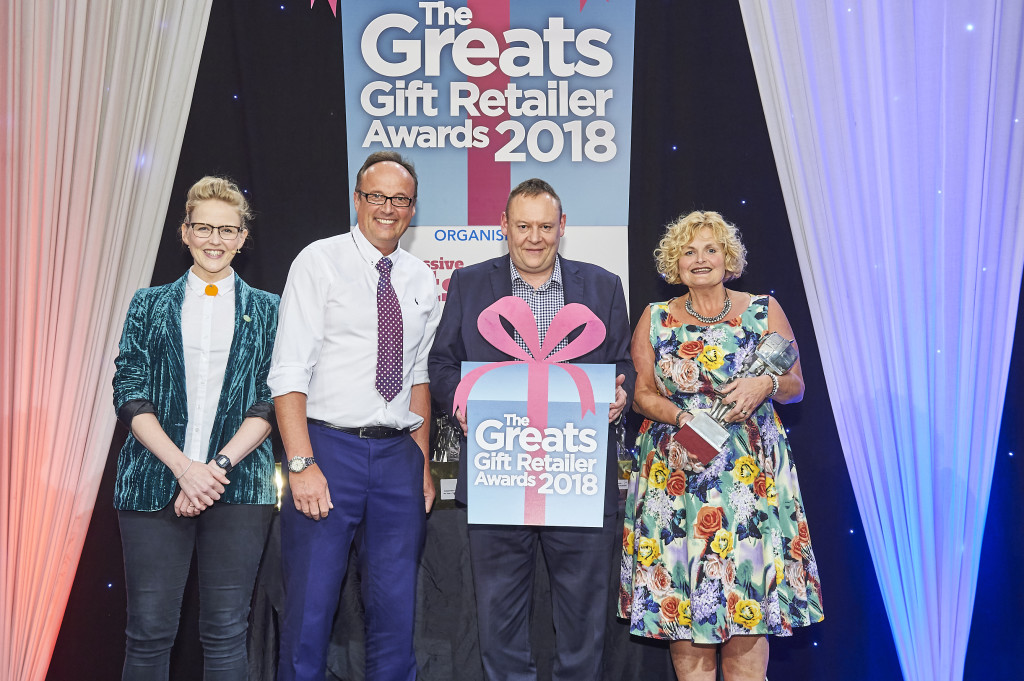 Above: Amanda and Will Oscroft, owners of Love It, received their Greats trophy from Simon Anslow, exhibition organiser, Harrogate Christmas & Gift, category sponsor.