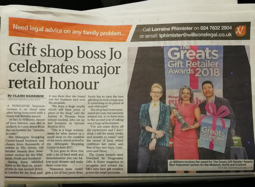 Above: The Nuneaton News carried a half page story on Joco Interiors’ success at The Greats.