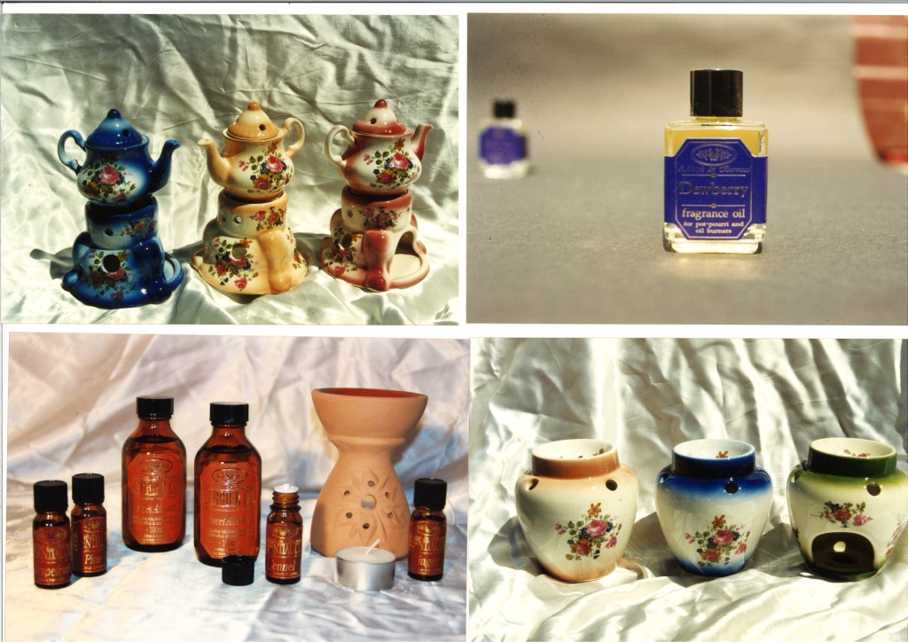 Above: Fragrance oils (still sold today), essential oils and oil burners.