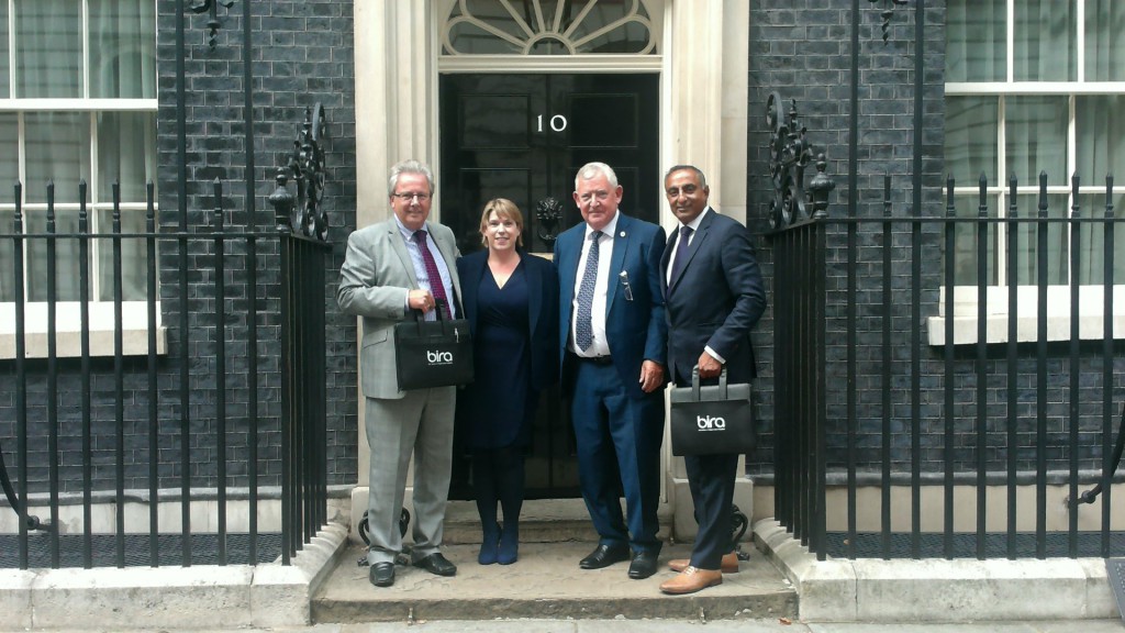 Above: From right to left: Robert Jarrett (bira’s former membership and marketing director), Fiona Cuthbertson (political advisor), Alan Hawkins (bira ceo) and Vin Vara, immediate past president of bira at Downing Street last August.
