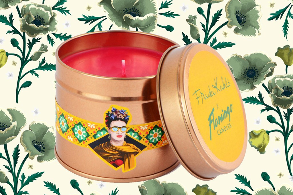 Above: A bright red Frida Khalo licensed candle from Flamingo Candles, which comes in a re-usable tin.