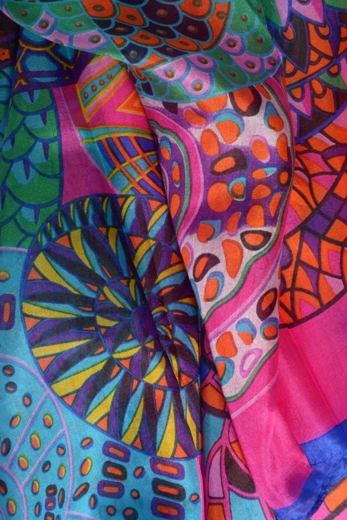 Above: A vibrant silk scarf from Miss Shorthair.