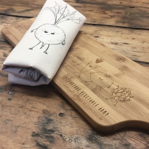 Above: A Balderson tea towel and chopping board from the company’s Furious Vegetables range.