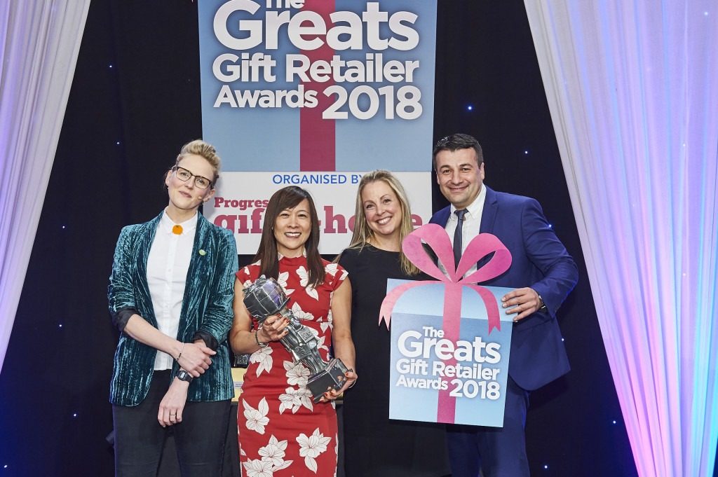 Above: In 2018, Sam Wahid, managing director of Gift Republic, sponsors of The Greats Best Online or Mail Order Retailer of Gifts category, was delighted to present Find Me A Gift’s Lena Gore, sales & marketing director, and marketing manager Sarah Hague, with a Greats trophy.
