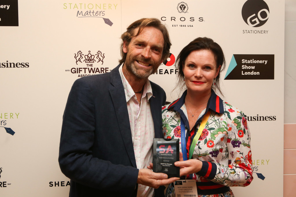 Above; Sarah Ward, ceo of The Giftware Association, presented Ewan Lewis, founder of Vent for Change, with the Good Design award.