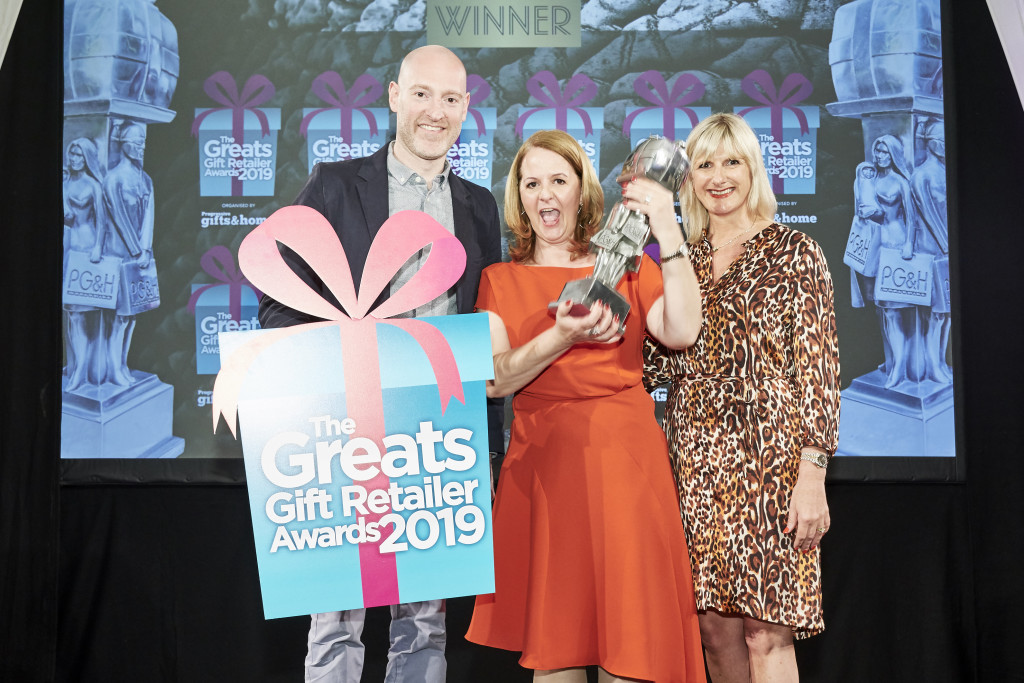 Above: Jennifer Peters, (right), director of category sponsors Gisela Graham, presented the Best In Store or Window Display award to Carol Bairstow, owner of Pure Inspiration in Ramsey.