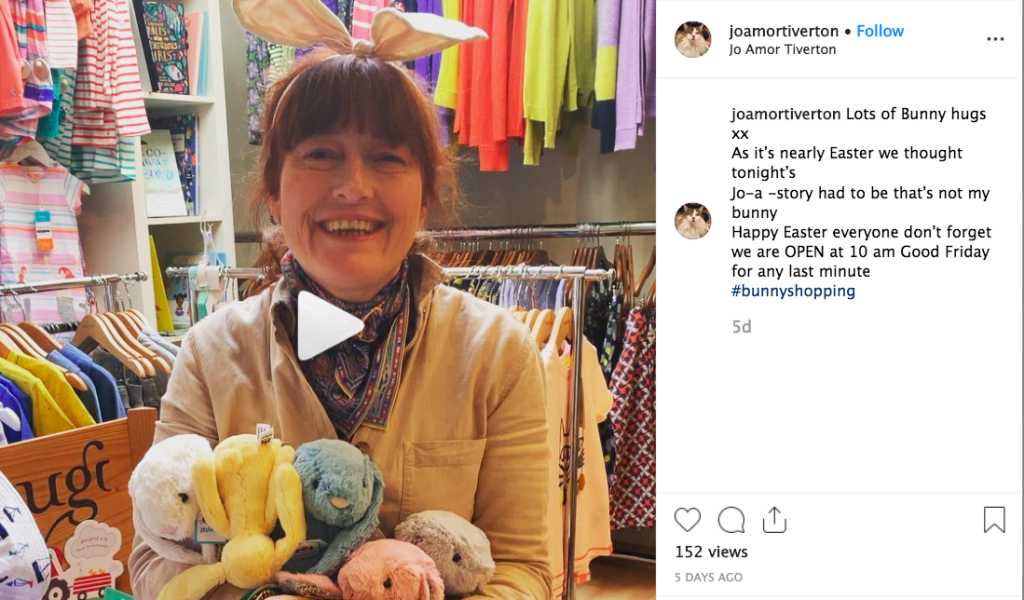 Above: Jo Webber brought her gift shop Jo Amor to life in her #bunnyshoppingcampaign where she read children’s books to camera and then posted them on Instagram.