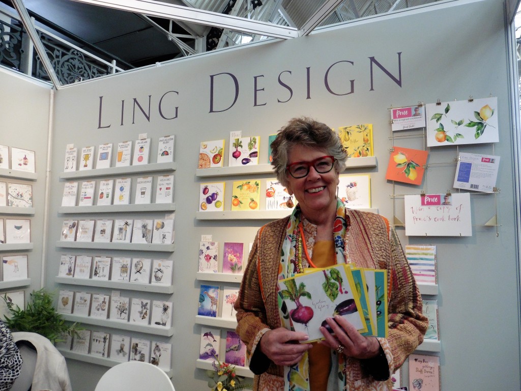 Above: Prue Leith is shown on the Ling stand with a selection of her licensed greeting cards.