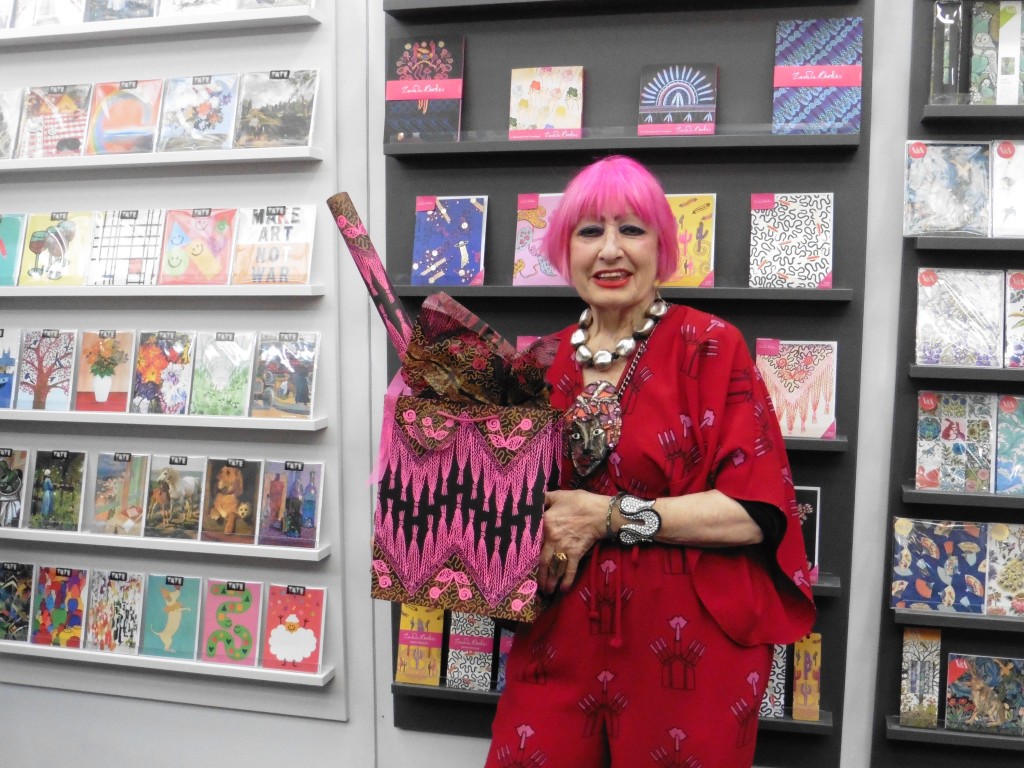 Above: Zandra Rhodes on the Museums & Galleries stand with part of her licensed collection.