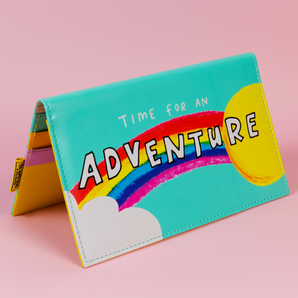 Top: Emily Coxhead’s The Happy News rainbow designs feature on travel wallets, (shown), pin badges, photo frames, mugs, jewellery and candle tins.