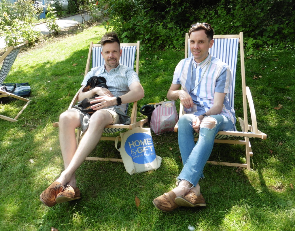 Above: After a busy buying trip, Mooch Gifts & Home’s co-owners Jon May and Luke Jacks took time out to relax and enjoy the sunshine at Home & Gift in Harrogate last month. They are shown with their dog Winston.
