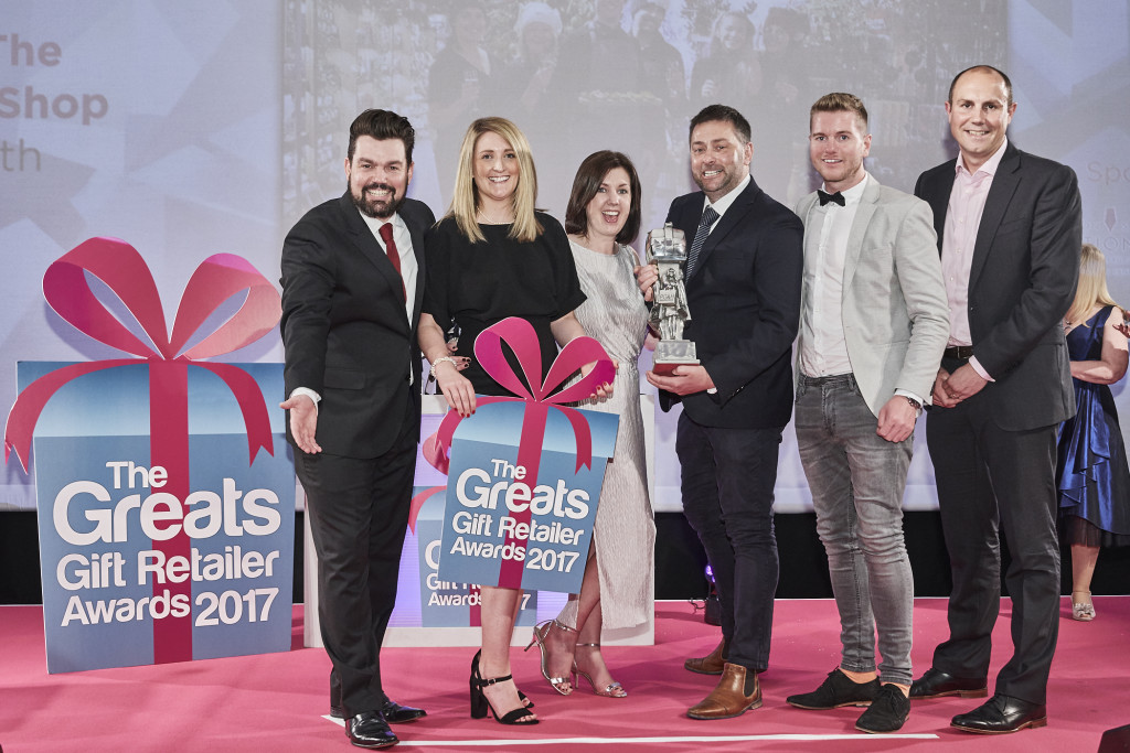 Above: Tim Willoughby of The London Stationery Show (right), sponsors of The Greats 2017 Best Non-Specialist Retailer of Gifts category, presented the trophy to Ed Cowap, director of The Barn at The Hollies Farm Shop. Shown from left to right are: comedian Charlie Baker Sarah Holland, marketing executive; Heidi Alexander retail assistant, Ed Cowap and Sean Camm, head of visual merchandising.