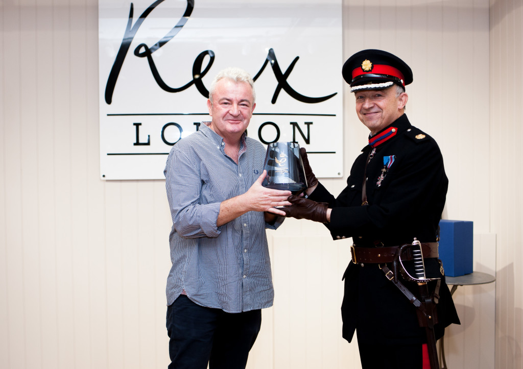 Above: Rex London’s sales director Nigel Biggs is presented with the Queen’s Award for Enterprise: International Trade, by deputy lieutenant for the London Borough of Ealing, Richard Kornicki.