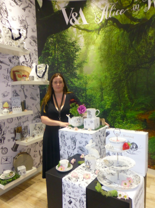 Above: KitchenCraft's creative director Aimee Elliott in the V&A Alice in Wonderland display in the new showroom.