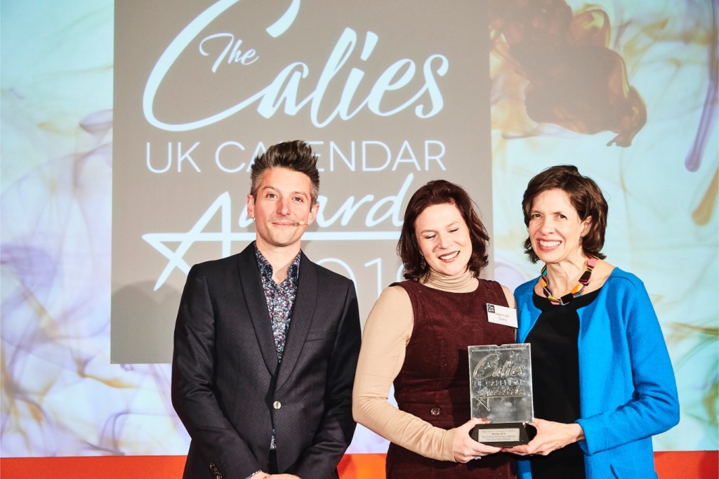 Above: Wrendale Designs’ founder Hannah Dale (centre) was presented with her Calies trophy by Amanda Fergusson, ceo of the Greeting Card Association (GCA). Also shown is compere Stuart Goldsmith.