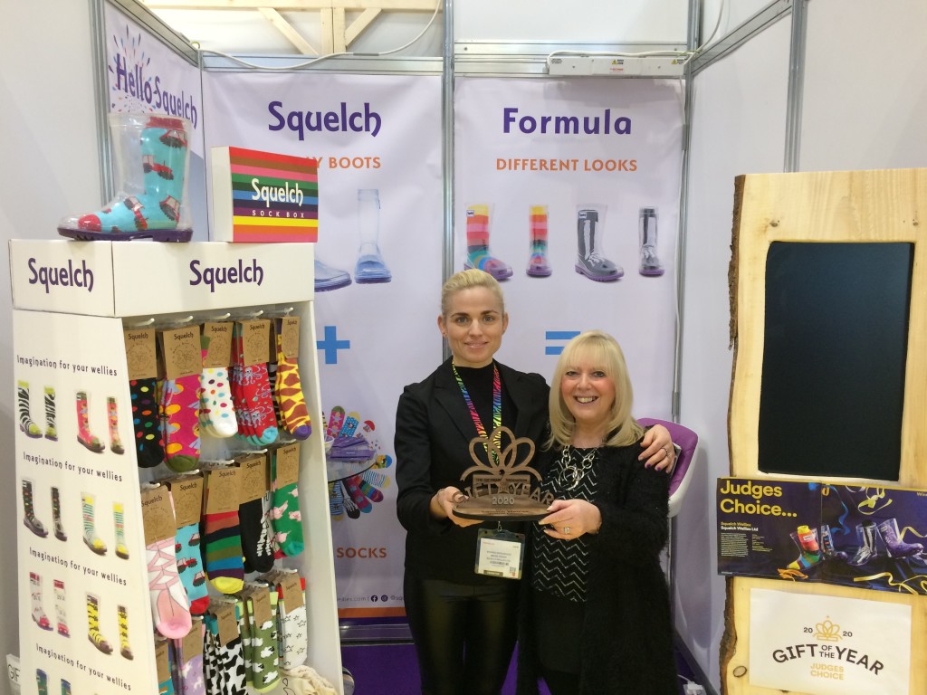 Above: Progressive Gifts & Home/GiftandHome.net editor Sue Marks (right) is shown with Amanda Wooldridge, founder of the Gift of the Year’s Judges’ Choice winner Squelch Wellies, on the company’s stand at Spring Fair.