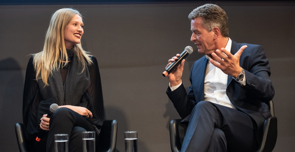 Above: Messe Frankfurt’s Detlef Braun with German supermodel Toni Garrn who was among the VIP visitors at the show.