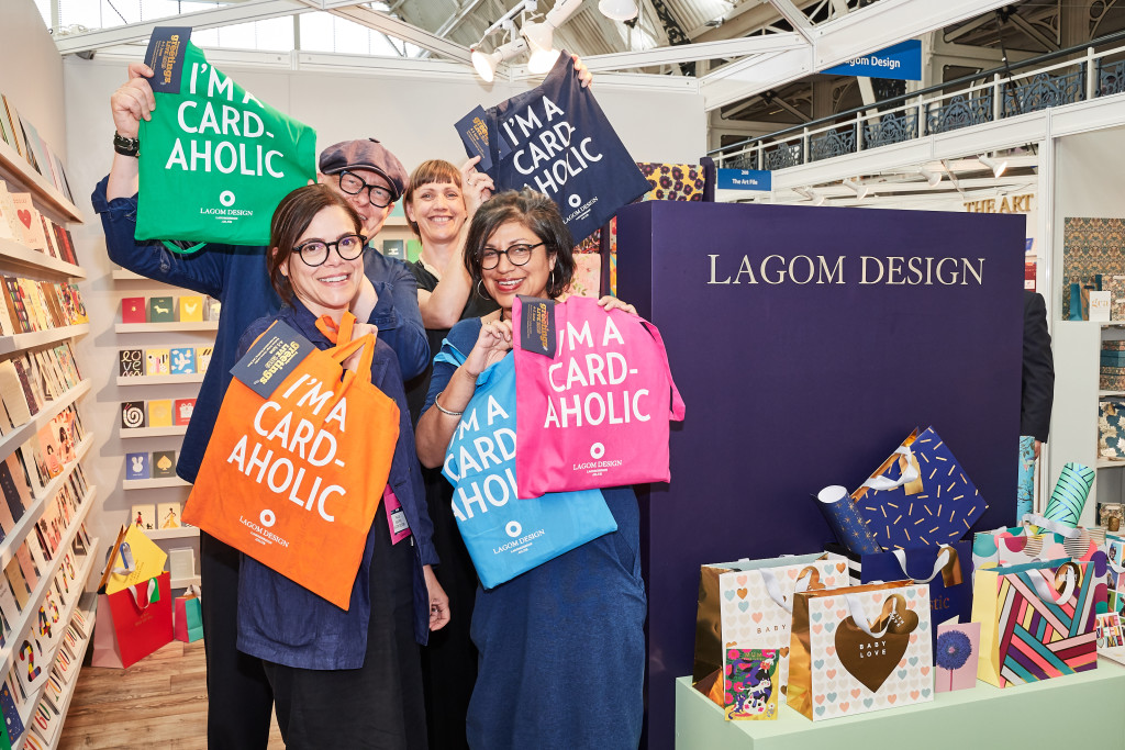 Above: The Lagom team design are shown with ‘I’m a card-aholic’ tote bags that all visitors received.