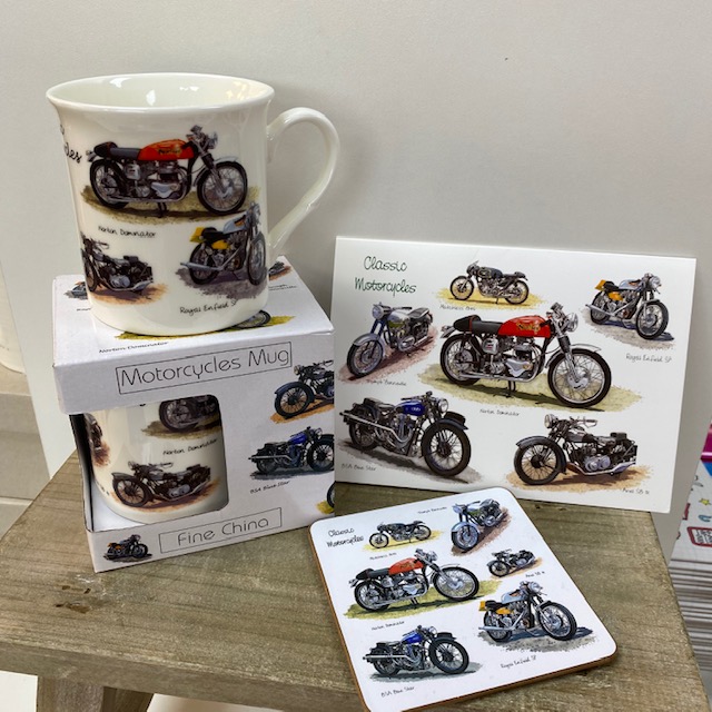 Above: An ideal gift for motorcycle racer Caption Tom, suggested by Forget-Me-Not in Stubbington. (The motorcycle mug and coasters are from Little Snoring and the coasters from Bluebell 33).
