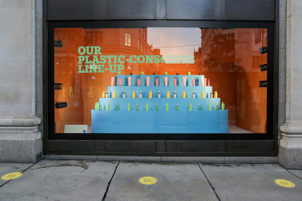 Above: Reusable bottles in one of Selfridges’ windows for the launch of Project Earth
