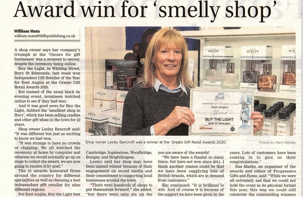 Above: Lesley Bancroft, owner of Buy The Light in Bury St Edmunds, was featured in the Bury Free Press.
