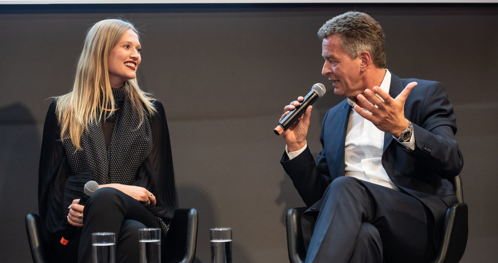 Above: Messe Frankfurt’s Detlef Braun is shown with German fashion model Toni Garrn at last year’s show.