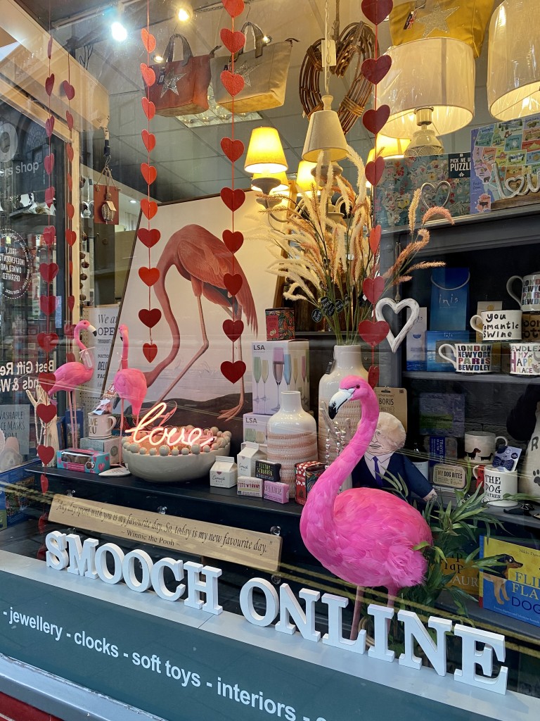 Above: The eye-catching Valentine’s Day window at Mooch Gifts & Home.