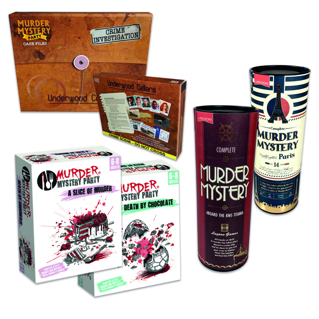Above: Newly packaged Murder Mysteries and Case Files - both brand new for 2021 from University Games – are shown alongside two Murder Mysteries in whiskey style gift boxes which are new to the Lagoon range.