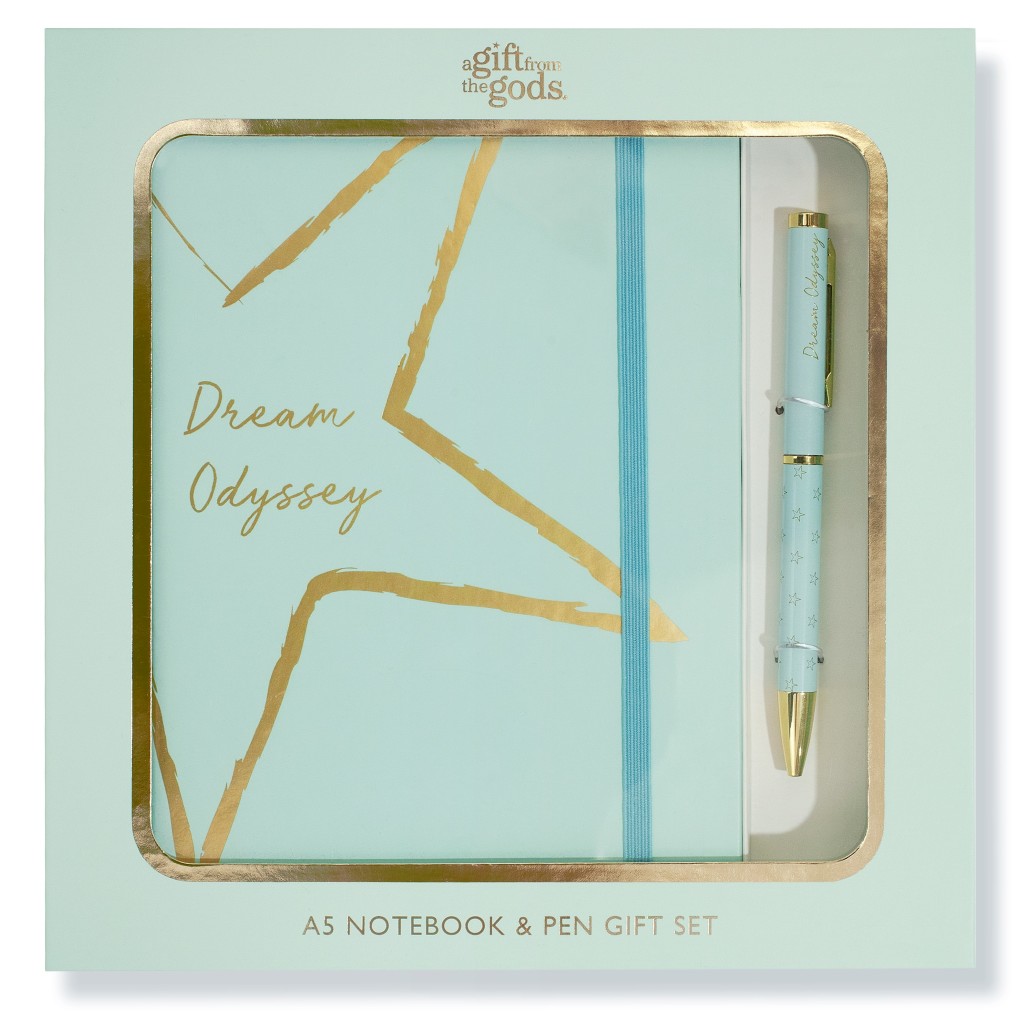 Above: An acqua notebook and pen gift set from A Gift From The God’s Dream Odyssey collection.