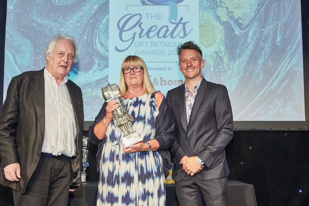 Above: Piers Croke, marketing director of Gisela Graham, sponsors of the Best In-Store or Window Display category, presented Anne Barber with the Best In-Store or Window Display Greats tray.