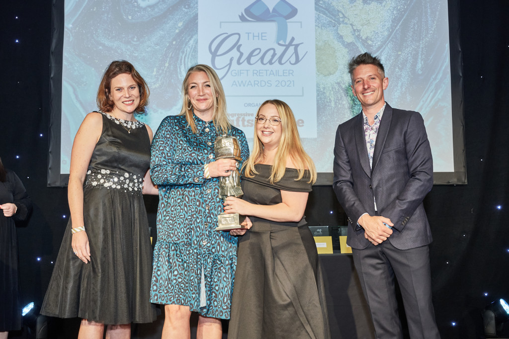 Above: Jo McHugh and Emma Richardson of Lulu Loves Home in Stubbington, were presented with the Independent Gift Retailer of the Year – Home Counties, South and South East award by Hannah Dale, creative director of Wrendale Designs, category sponsor.