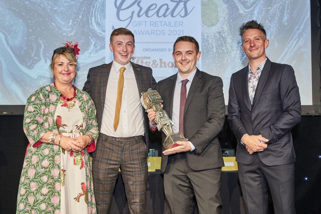 Above: Scott Nichol and Stephen Nichol, owner of Keepsakes Scotland, with shops in Inverness, Loch Lomond and Pitlochry, received won the Best Newcomer – Midlands, North & Scotland category. They received their award from Jakki Brown, joint managing director of Max Publishing, category sponsor.