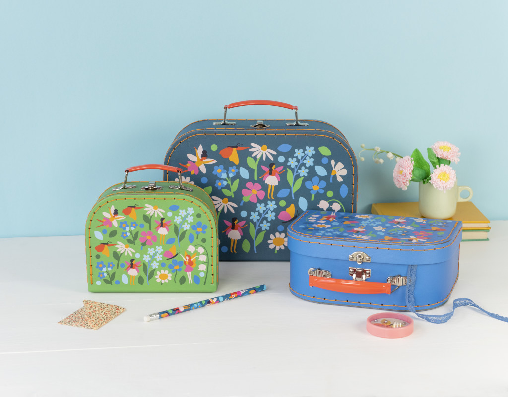 Above: Fairies in the Garden add a touch of magic to a set of three cases for children.