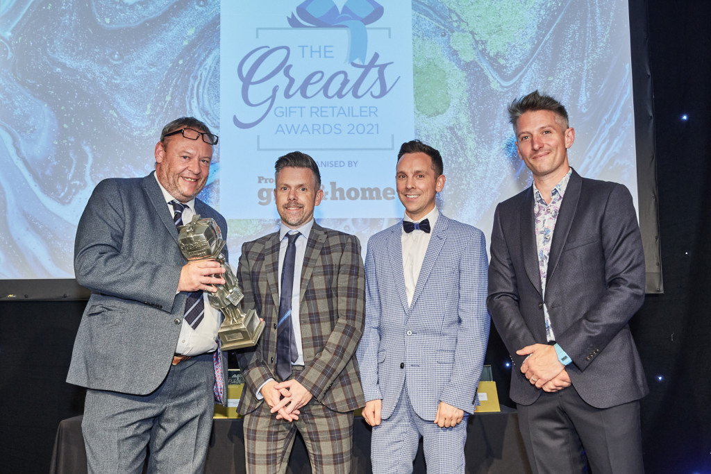 Above: Jon May and Luke Jacks, co-owners of Mooch Gifts & Home, Bewdley and Stourport-on-Severn are shown on stage with category sponsor Lincoln Exley, managing director of Allsorted.