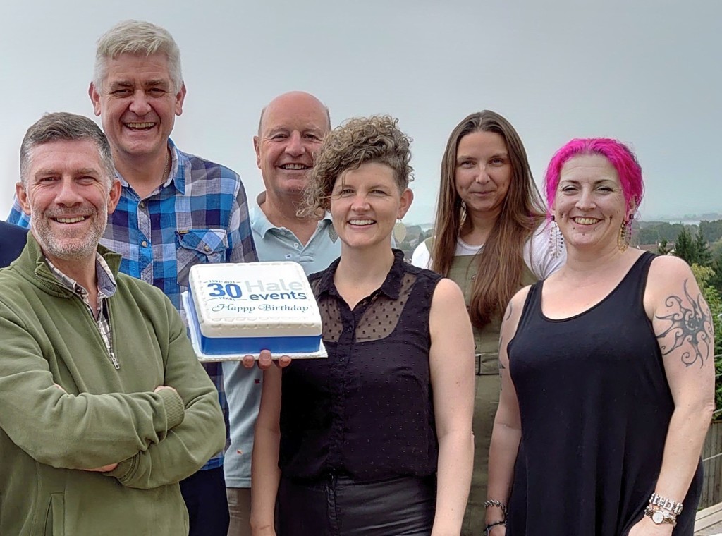 Above: The Hale Events team celebrating the company’s big 3-0. Holding the anniversary cake is managing director Mike Anderson.