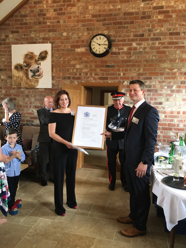Above: Two years ago, Wrendale Designs’ Hannah and Jack Dale were presented with a Queen’s Award for Enterprise International Trade certificate, as well as a glass bowl, by the Queen’s representative Toby Dennis, Lord-Lieutenant of Lincolnshire.
