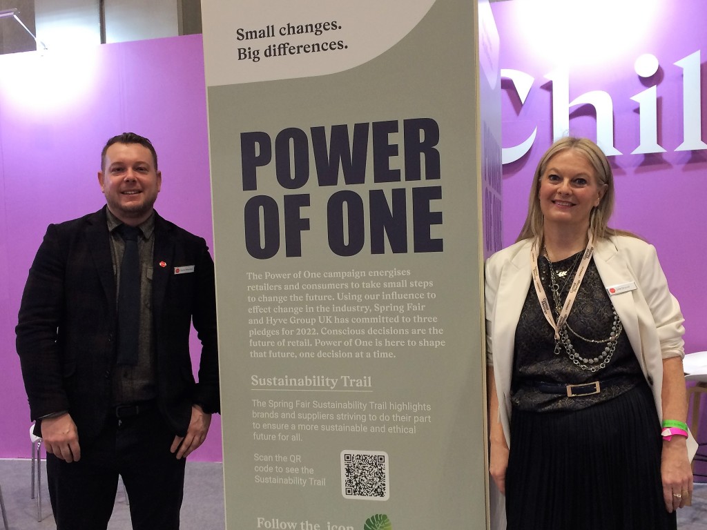 Above: Julie Driscoll, divisional managing director, Spring Fair & Moda, is shown with Dan Mayhew, event director for Gifts. (The Power of One, fanfared at the show, is encouraging everyone to take small sustainable steps).