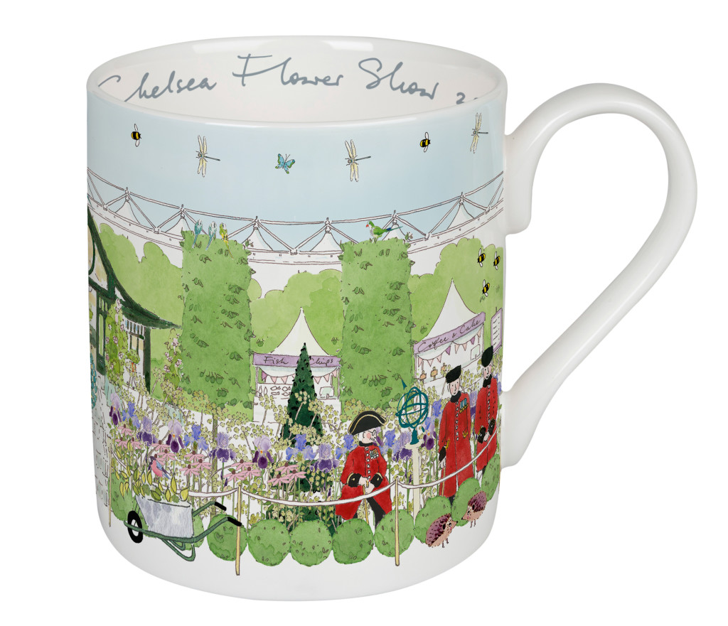 Above: Chelsea Flower Show 2022 is written on the inside rim of every mug in Sophie’s handwriting, and also features on her tea towel.