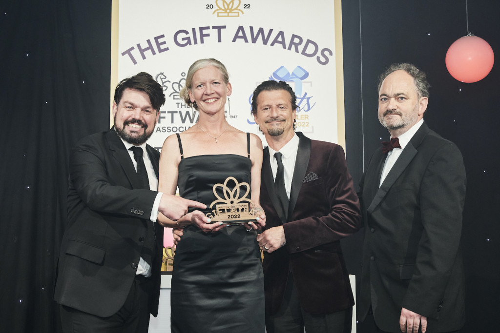 Above: Laura Keller and Alex Sommers, co-owners of Concrete & Wax, received their GOTY trophy from Ian Downes, director, Start Licensing, licensing agent for Wallace & Gromit, category sponsor.