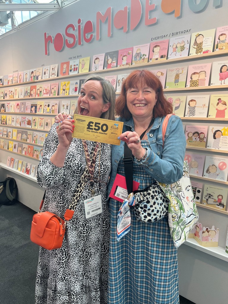 Above: Jo Webber, (right), owner of gift shop Jo Amor in Tiverton, spent her Greats £50 golden ticket with Rosie Harrison on the Rosie Made A Thing stand at Progressive Greetings Live last week.