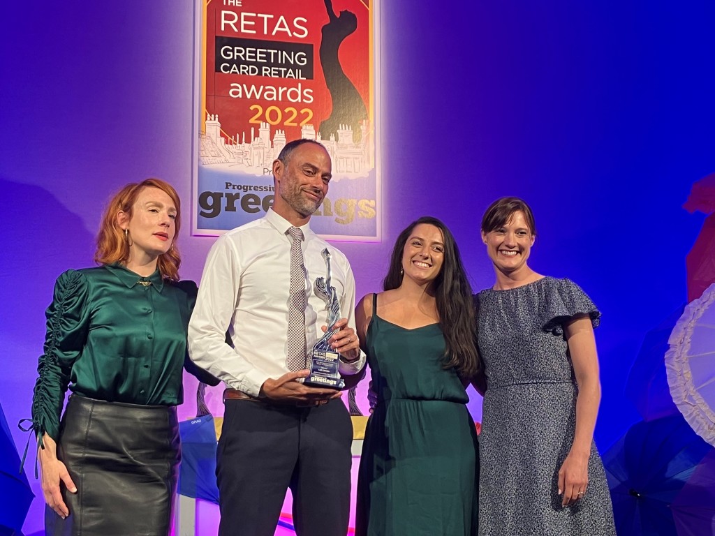 Above: Lark’s co-owners Priya Aurora-Crowe (centre right) and Dominic Crowe (centre left) received the Best Non-Specialist Multiple Retailer of Greeting Cards award from Rosie Tate, (right), director of category sponsor Cath Tate.