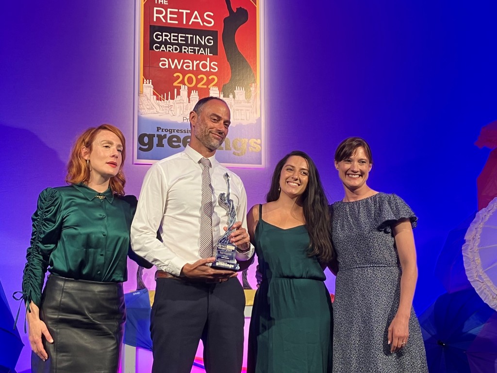 Above: Lark’s co-owners Priya Aurora-Crowe (centre right) and Dominic Crowe (centre left) received the Best Non-Specialist Multiple Retailer of Greeting Cards award from Rosie Tate, (right), director of category sponsor Cath Tate. 