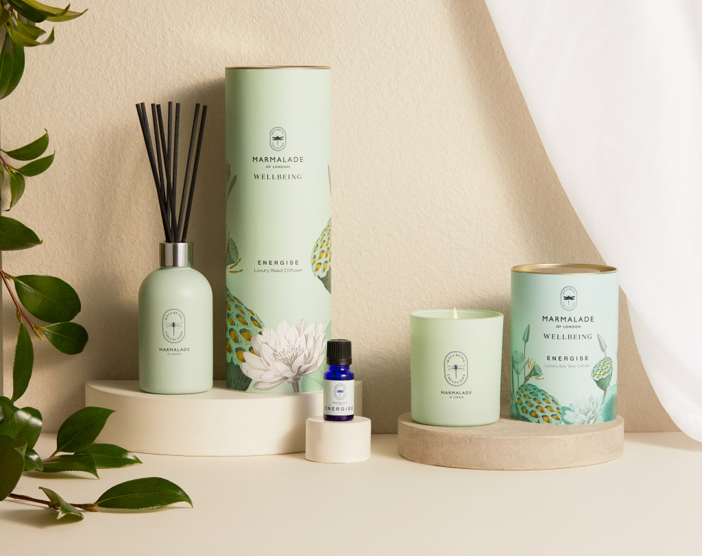 Above: Marmalade of London’s Wellbeing range was a big hit at the Las Vegas Market. The collection includes a new ultra-sonic diffuser and Energise oil.