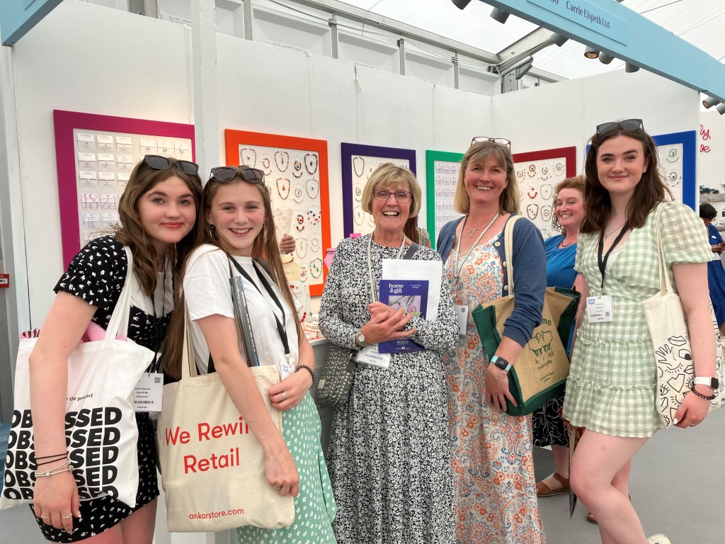 Above: The gang from Ewe & Me in Grantown-on-Spey were delighted to be back at the show. Shown from left to right are: Anna Baines, Morag Stracey, owner Janet Hargreaves, Sara Baines and Lucy Baines. Also pictured is Carrie Shapiro, founder and creative supremo of Carrie Elspeth.  