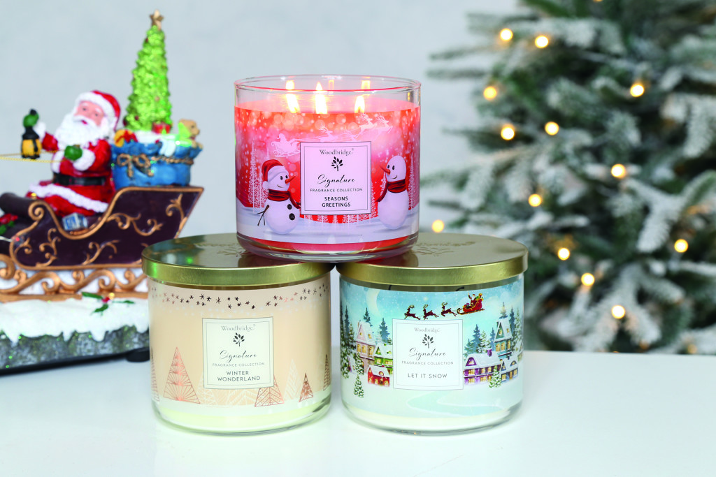 Above: Three of the six Christmas fragrances in Aromatize’s Woodbridge range, which features new candle tumbler jars.