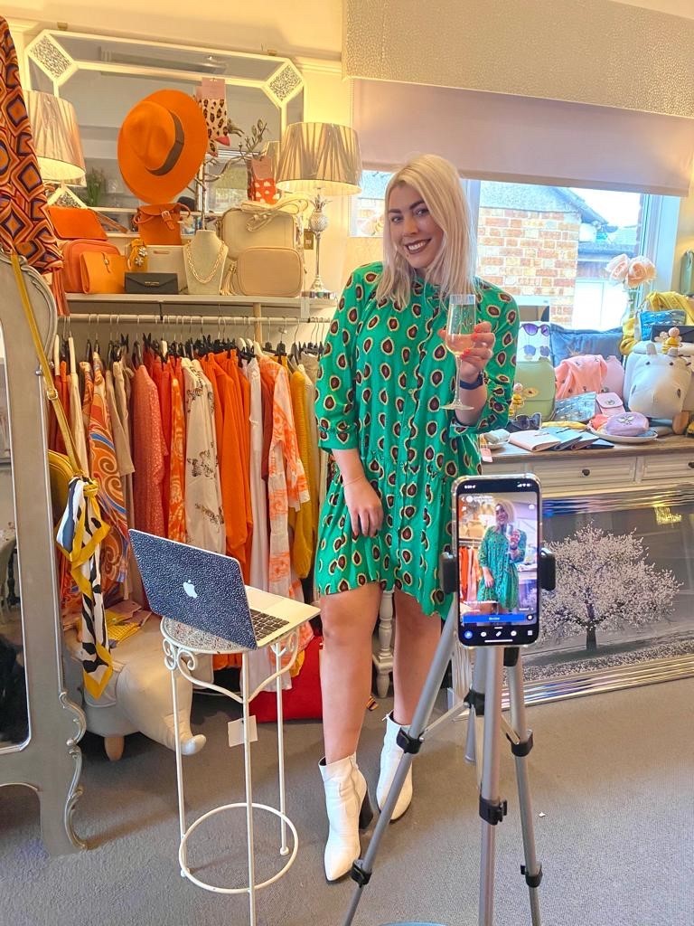 Above: Libby hosting one of the shop’s prosecco Friday Night Lives on social media.