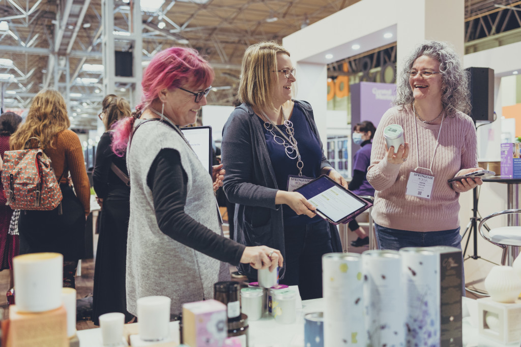 Above: A trio of gift retailers are shown at the Gift of the Year judging held on the last day of Spring Fair 2022. They are, from left to right: Katrina Raill, co-owner of Etcetera in Hitchin; Tabi Marsh, owner of Papilio at Heritage, Thornbury; and Jo Williams, owner of Joco in Nuneaton.