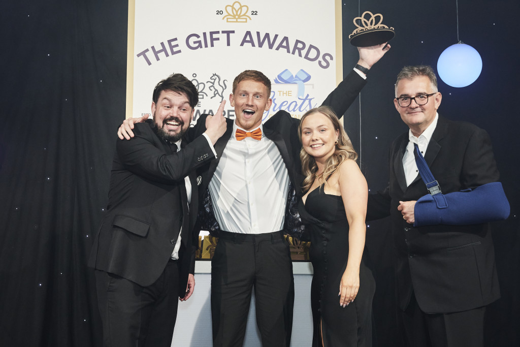 Above: Willsow’s Baylee Magee, head of business development, along with accounts manager Grace Pointon, received a GOTY trophy for Best Children’s, Educational and Pre-School Product or Range from Ian Hyder, (right), ceo of Max Publishing. On the left is comedian and compere Charlie Baker.
