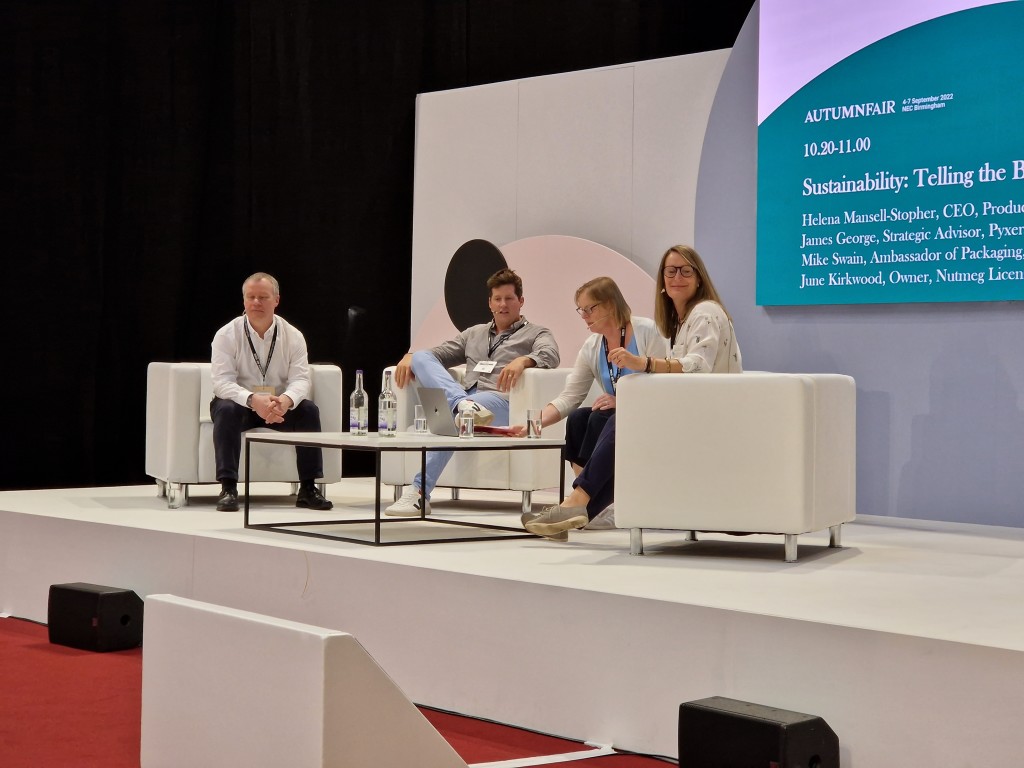 Above: Helena Mansell-Stopher, founder and ceo of Products of Change, (right), is shown chairing a panel discussion on sustainability at Autumn Fair.