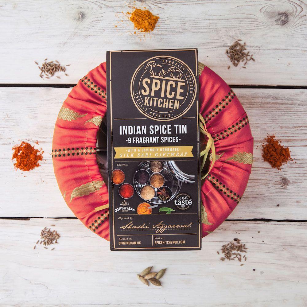 Above: Spice Kitchen’s award winning spice tin contains nine spices and is wrapped in a silk sari.